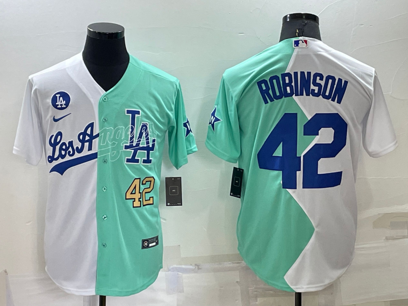 Men's Los Angeles Dodgers #42 Jackie Robinson 2022 All-Star White/Green Cool Base Stitched Baseball Jersey Men's Los Angeles Dodgers #42 Jackie Robinson 2022 All-Star White/Green Cool Base Stitched Baseball Jersey